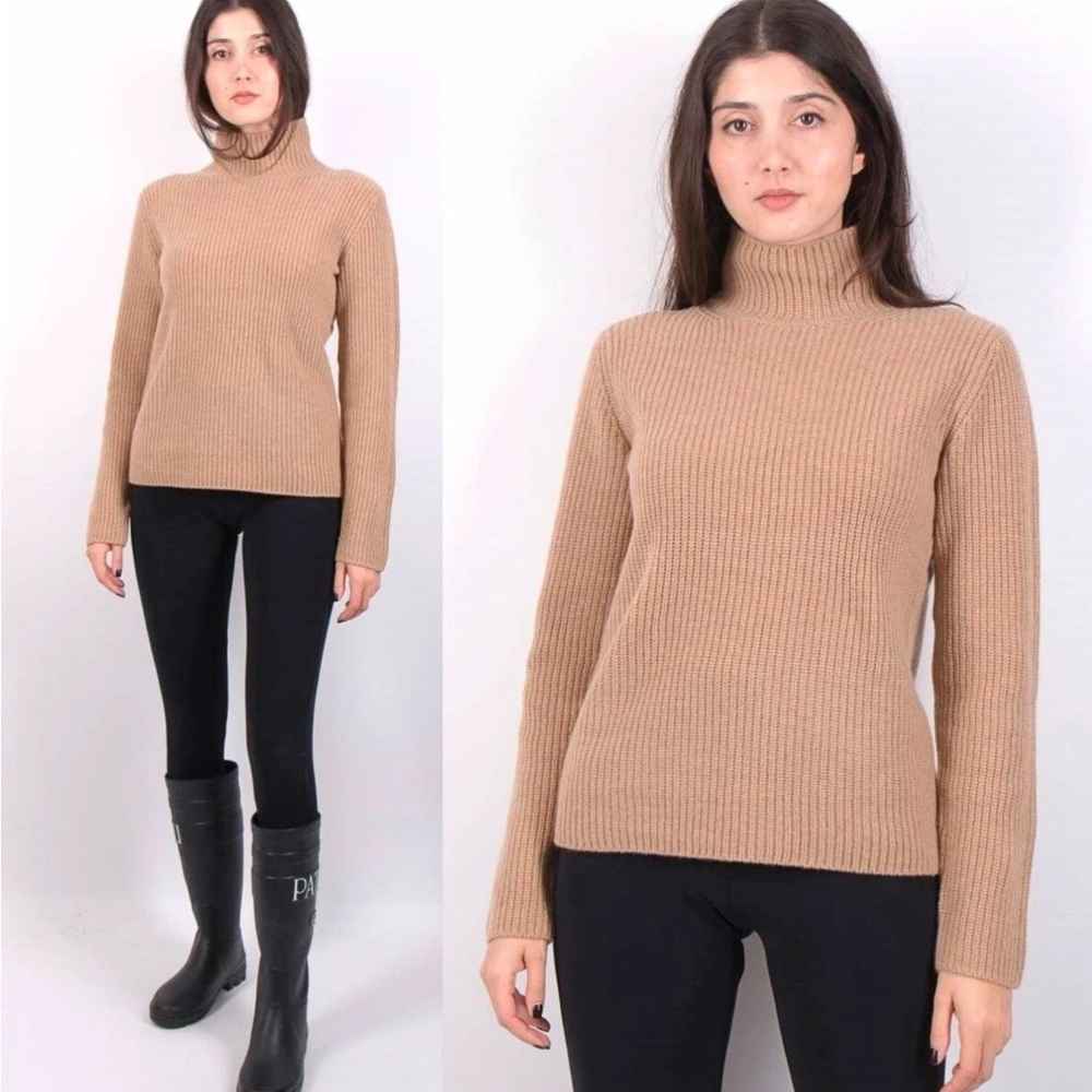 Vince Turtleneck Ribbed Turtleneck Sweater in Heather Camel Size Large